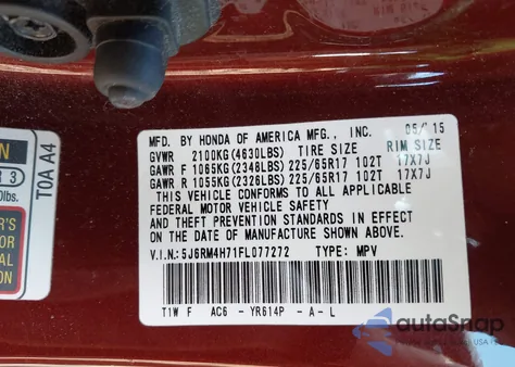 2015 Honda Cr-V Ex-L из США, поврежденный, VIN 5J6RM4H71FL077272